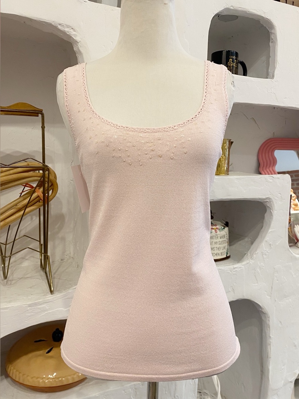 Light Pink Lightweight Knit Tank Top with Beaded Embellishments on Neckline